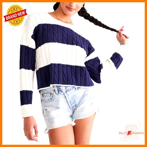 Cable Knit Striped Sweater Relaxed Fit Cropped Y2K Chic Casual Wear